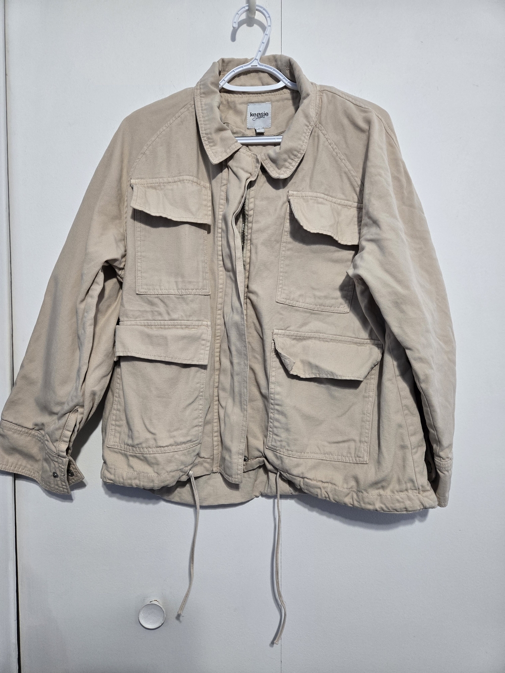 Kensie Jeans Utility Jacket Beige Cargo Safari Military Jacket Large